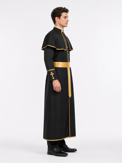 Carnival Costume: Black Robe with a Gold Cross side view