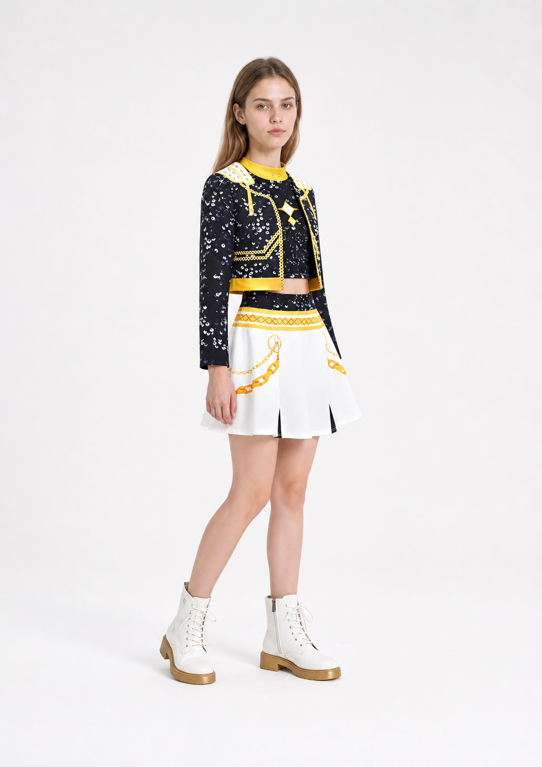 Children's skirt and jacket costume with gold trim side view