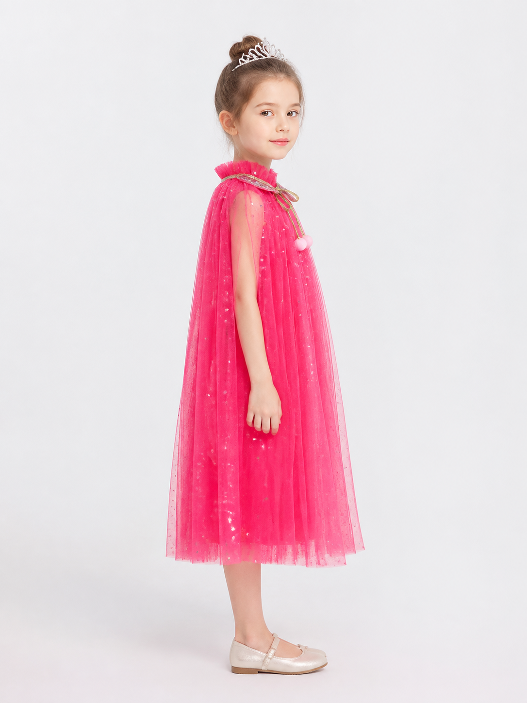 Children’s Pink Tulle Cape with Stars and Bow side view