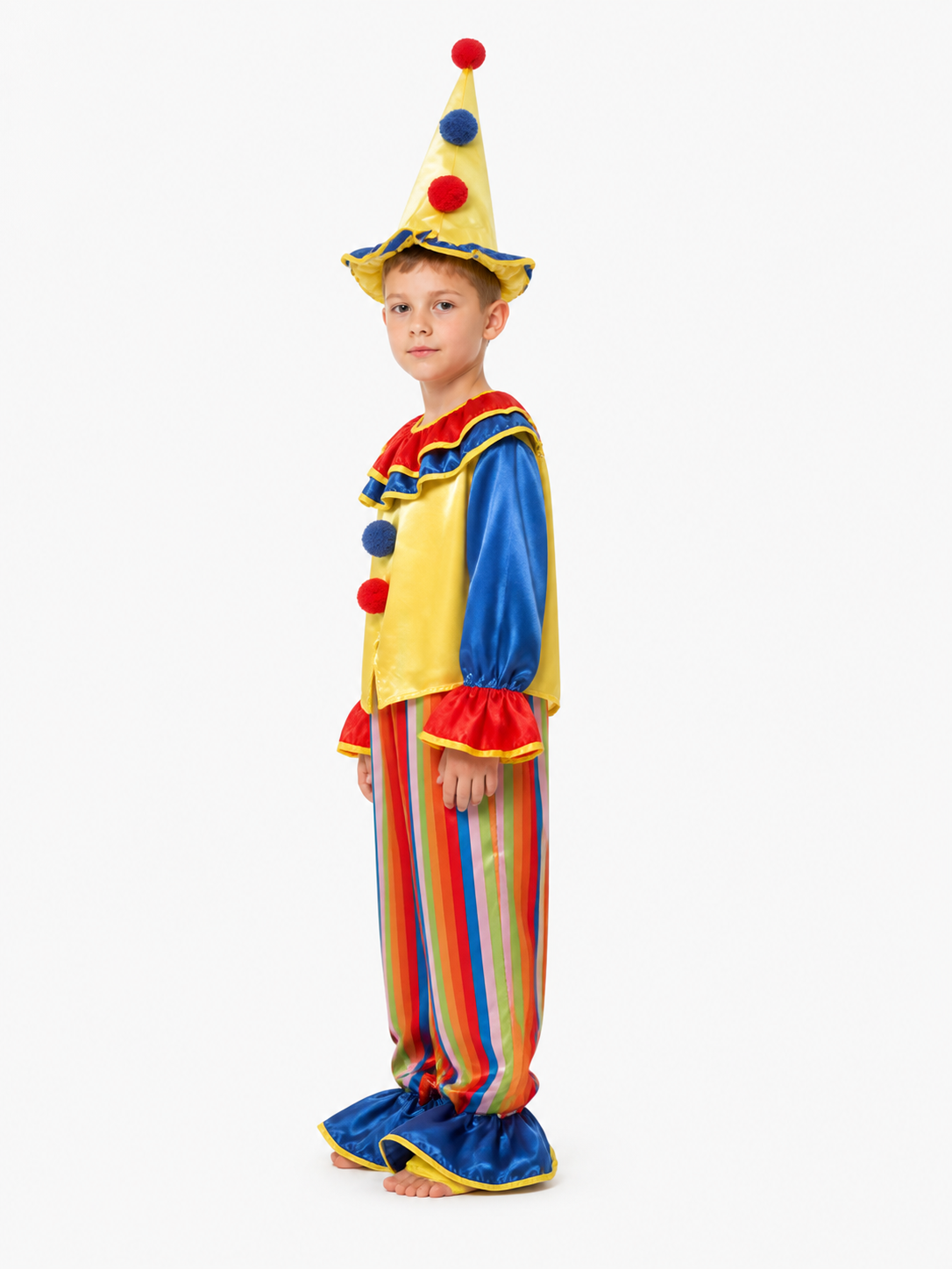 Clown Costume: Striped Pants, Jacket, and Cone Hat side view