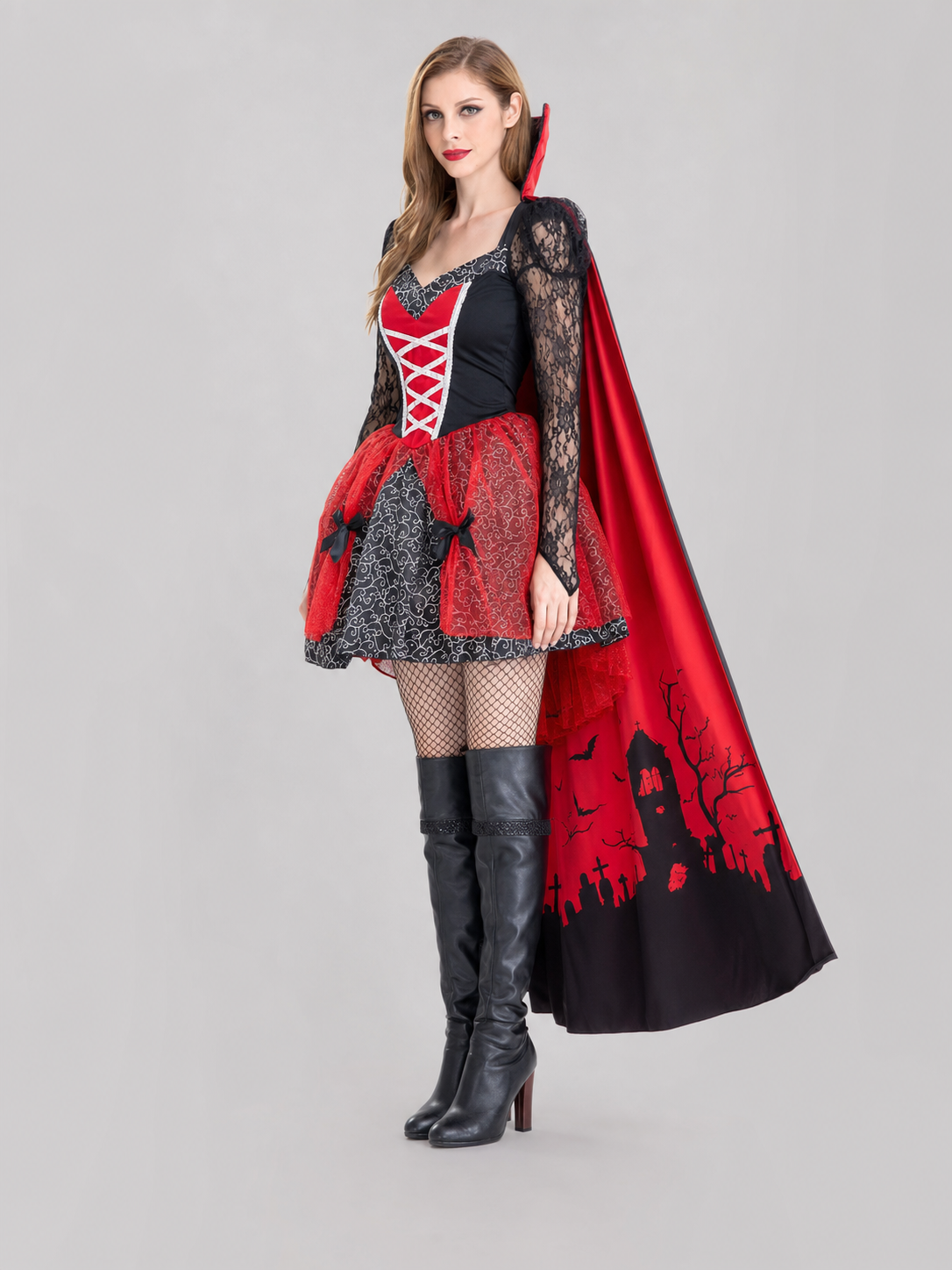The dress is designed in a gothic style and combines a red-and-black color