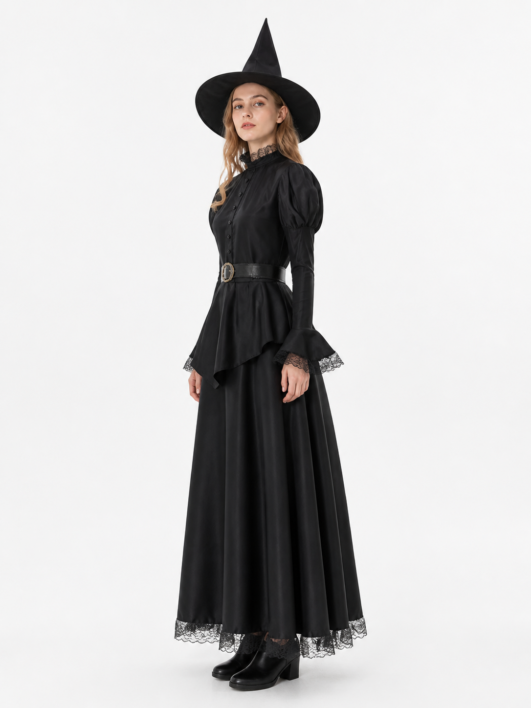 Witch costume with a black lace dress and hat side view