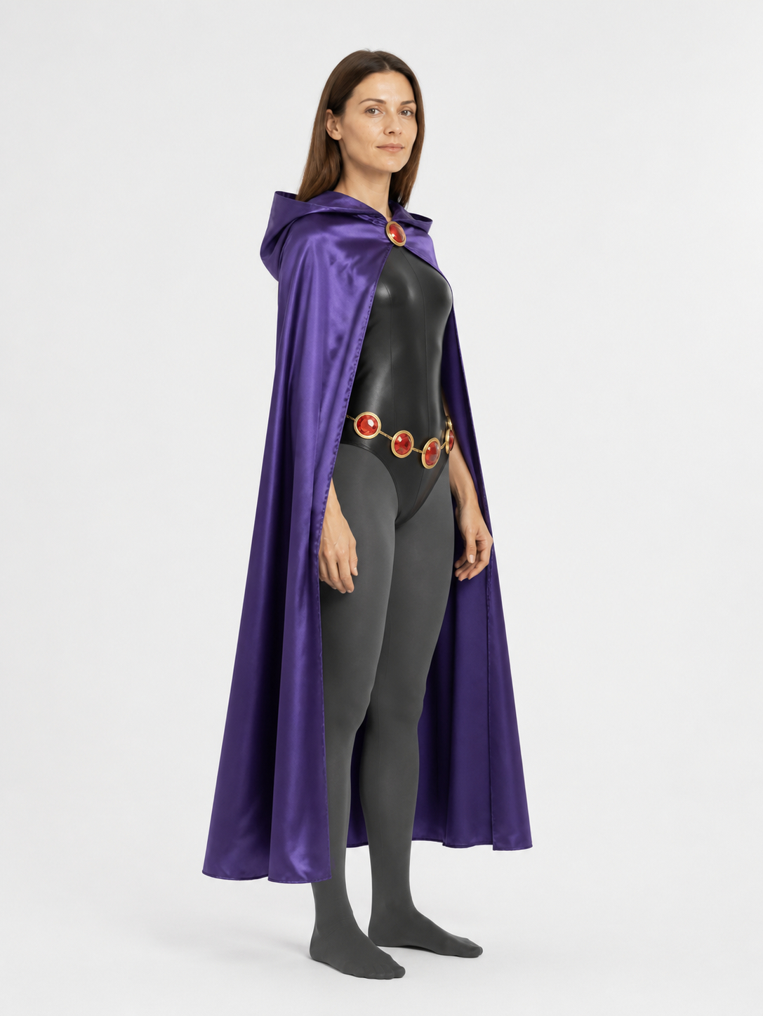 Raven Costume with Purple Cape and Jumpsuit side view
