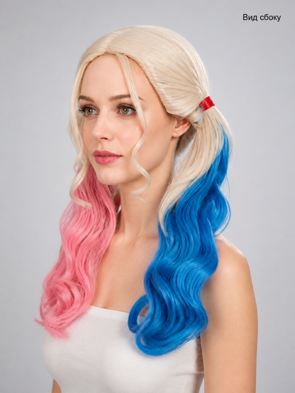 Long Two-Tone Carnival Wig: Pink and Blue side view