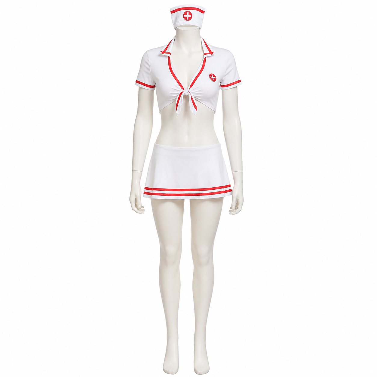 White Nurse Costume with Red Shoulder Wrap side view