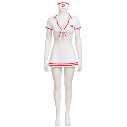 White Nurse Costume with Red Shoulder Wrap side view