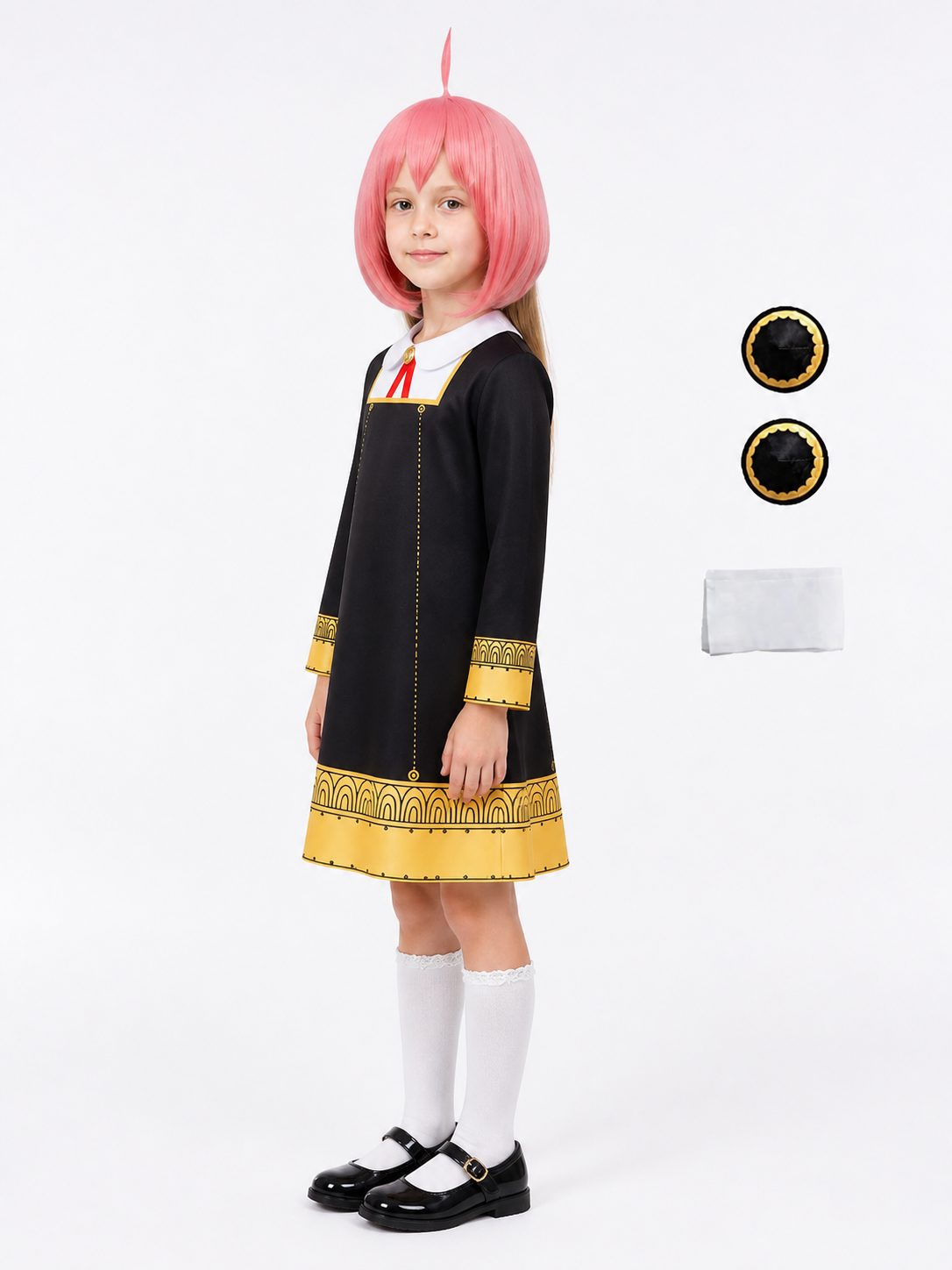Anya Forger Costume with Black Dress and Wig side view