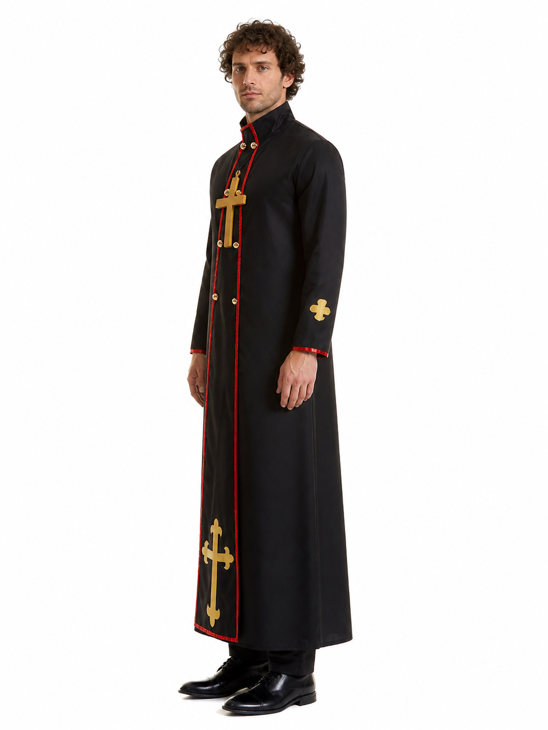 Black Cassock with Gold Cross and Red Trim side view