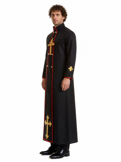 Black Cassock with Gold Cross and Red Trim side view