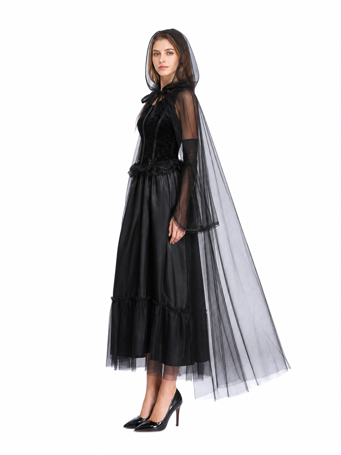 Black Long Dress with Cape for Halloween