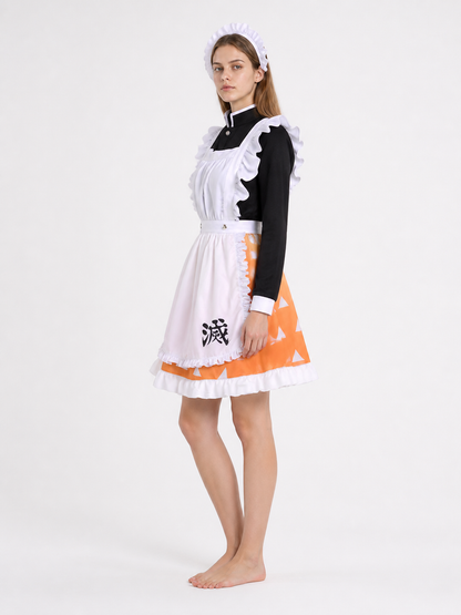 Black cosplay dress with a white apron and orange skirt side view