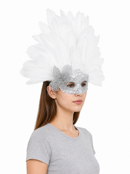 Carnival mask with white feathers and embellishments