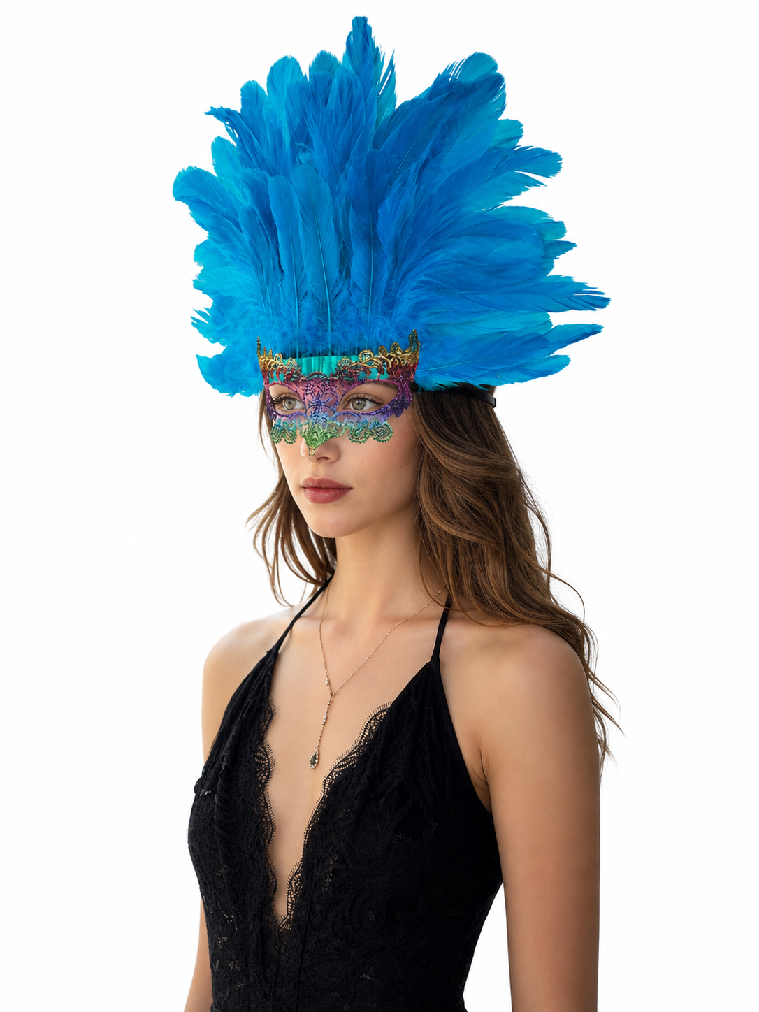 Blue Carnival Headpiece with Feathers and Mask