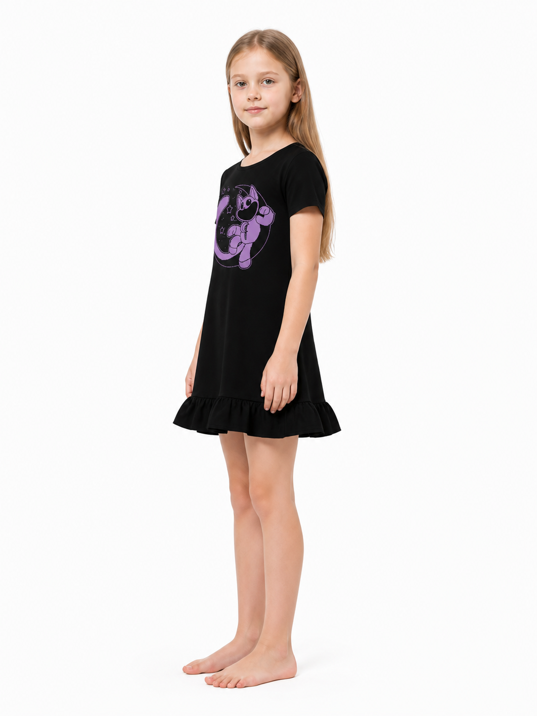 Black Dress with Purple Character Print and Ruffles side view