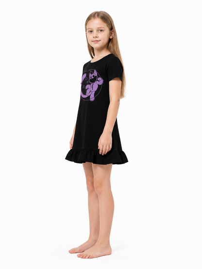 Black Dress with Purple Character Print and Ruffles side view