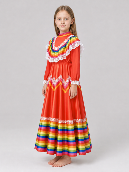 Folk Dress with Ruffles and Rainbow Inserts