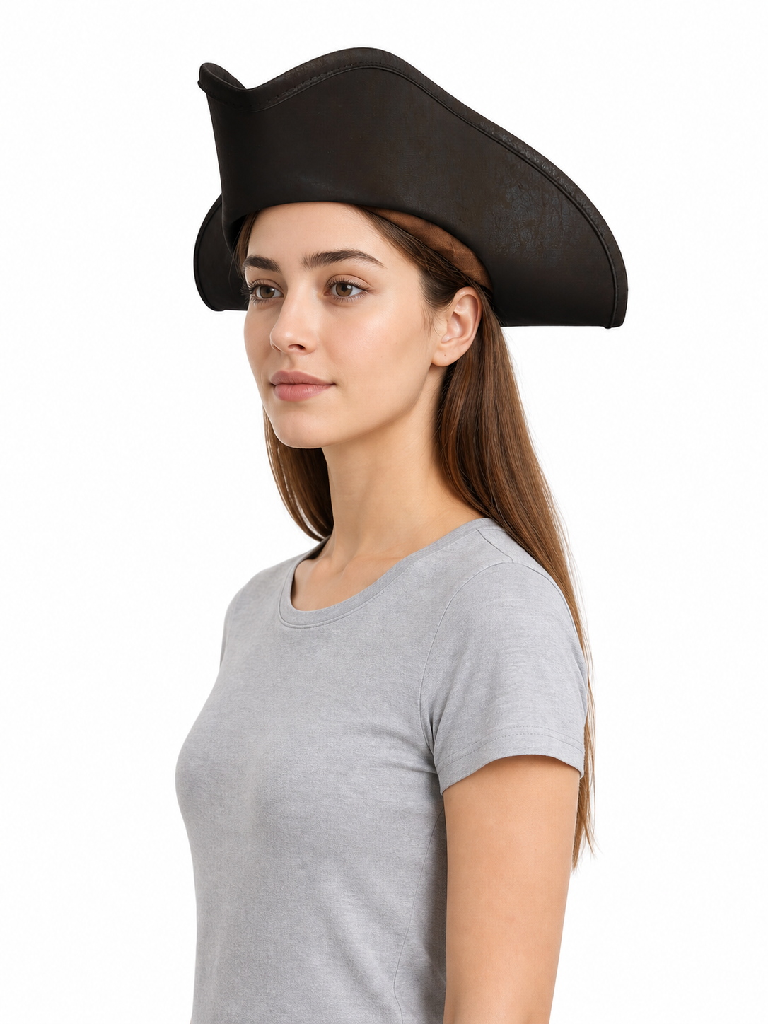 Women's Pirate Hat for Costume Parties, Cosplay and Themed Events, Tall Curved Crown, Wide Asymmetrical Brim, Dark Brown to Black Textured Design