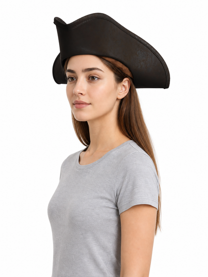 Women's Pirate Hat for Costume Parties, Cosplay and Themed Events, Tall Curved Crown, Wide Asymmetrical Brim, Dark Brown to Black Textured Design