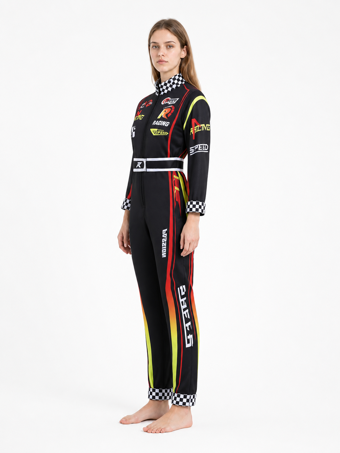 Racing Jumpsuit with Belt and Checkered Print