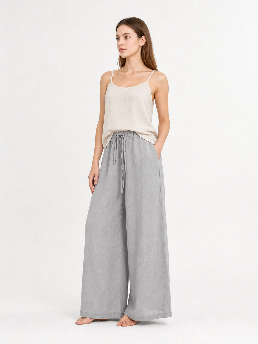 Gray wide-leg jeans with a drawstring and elastic waistband side view
