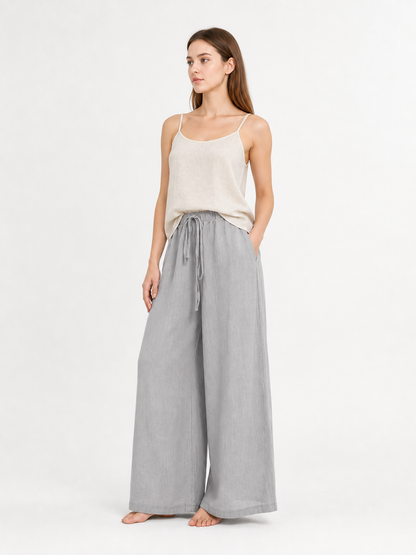 Gray wide-leg jeans with a drawstring and elastic waistband side view