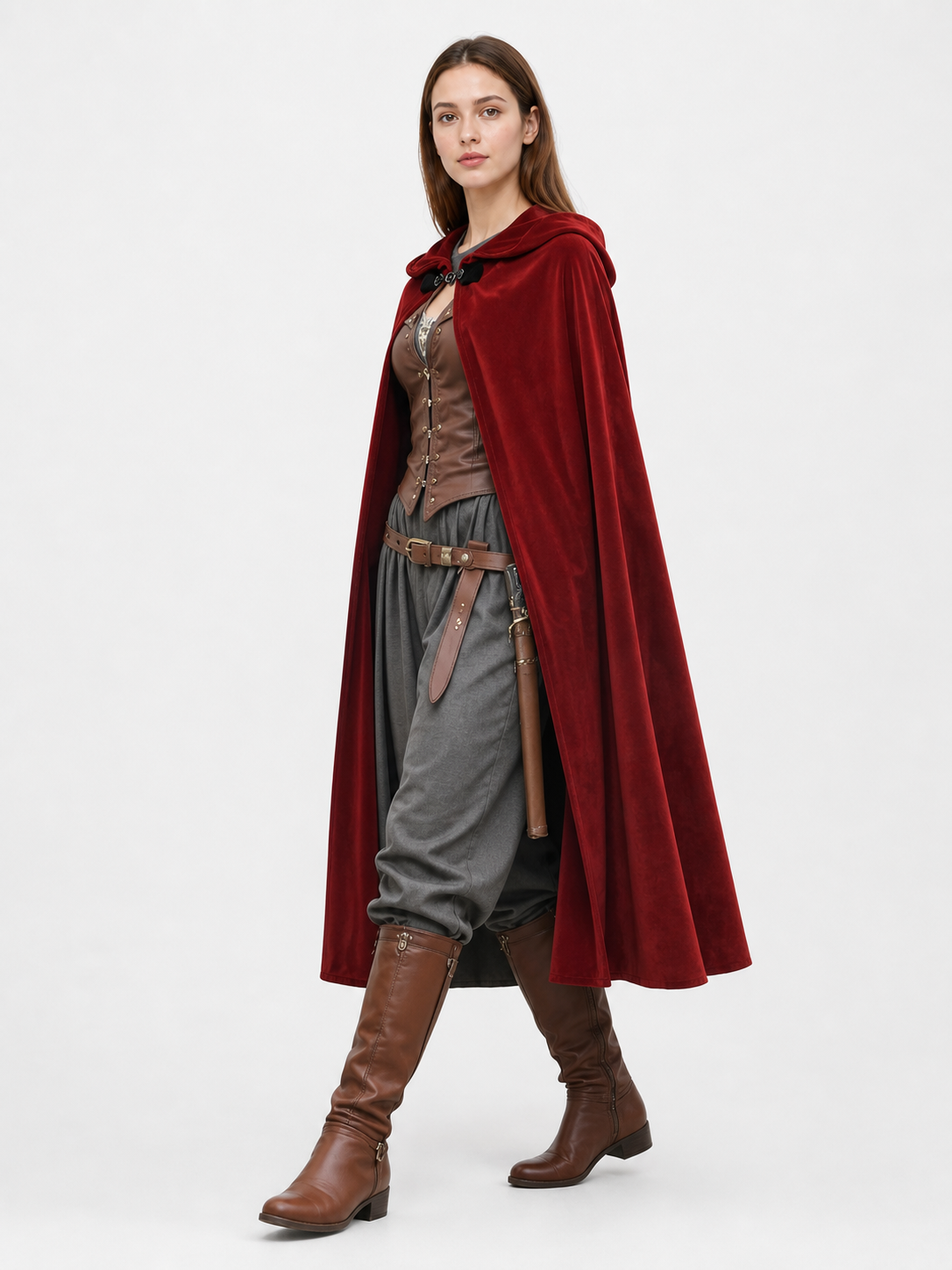 Burgundy Medieval Hooded Costume Cloak