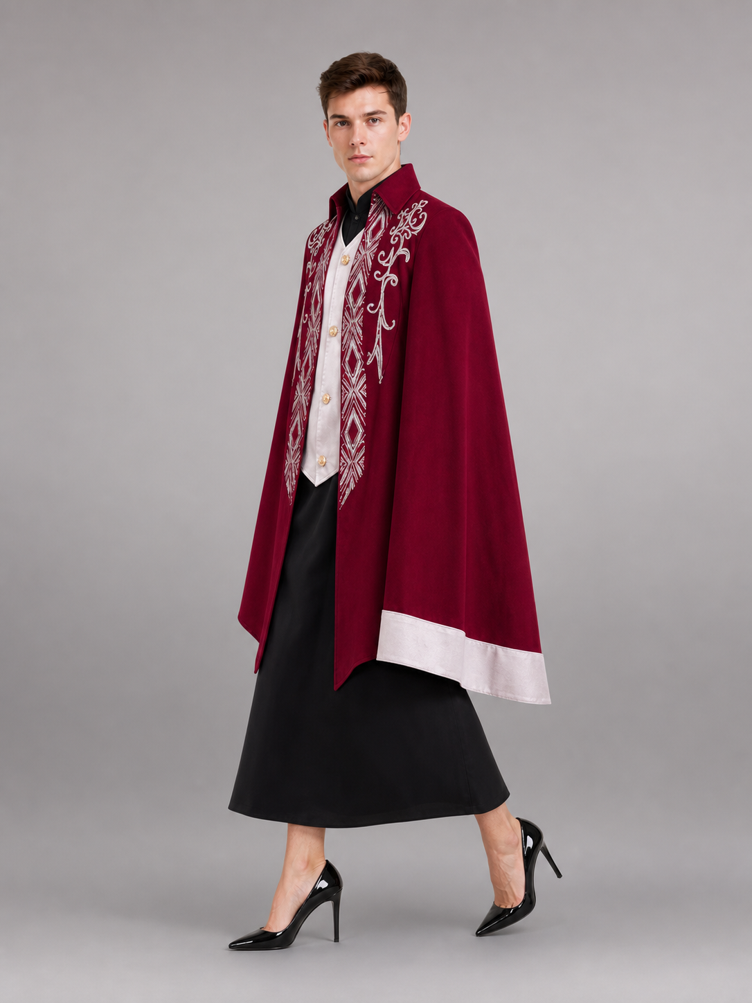 Burgundy Tailcoat Jacket with White Trim