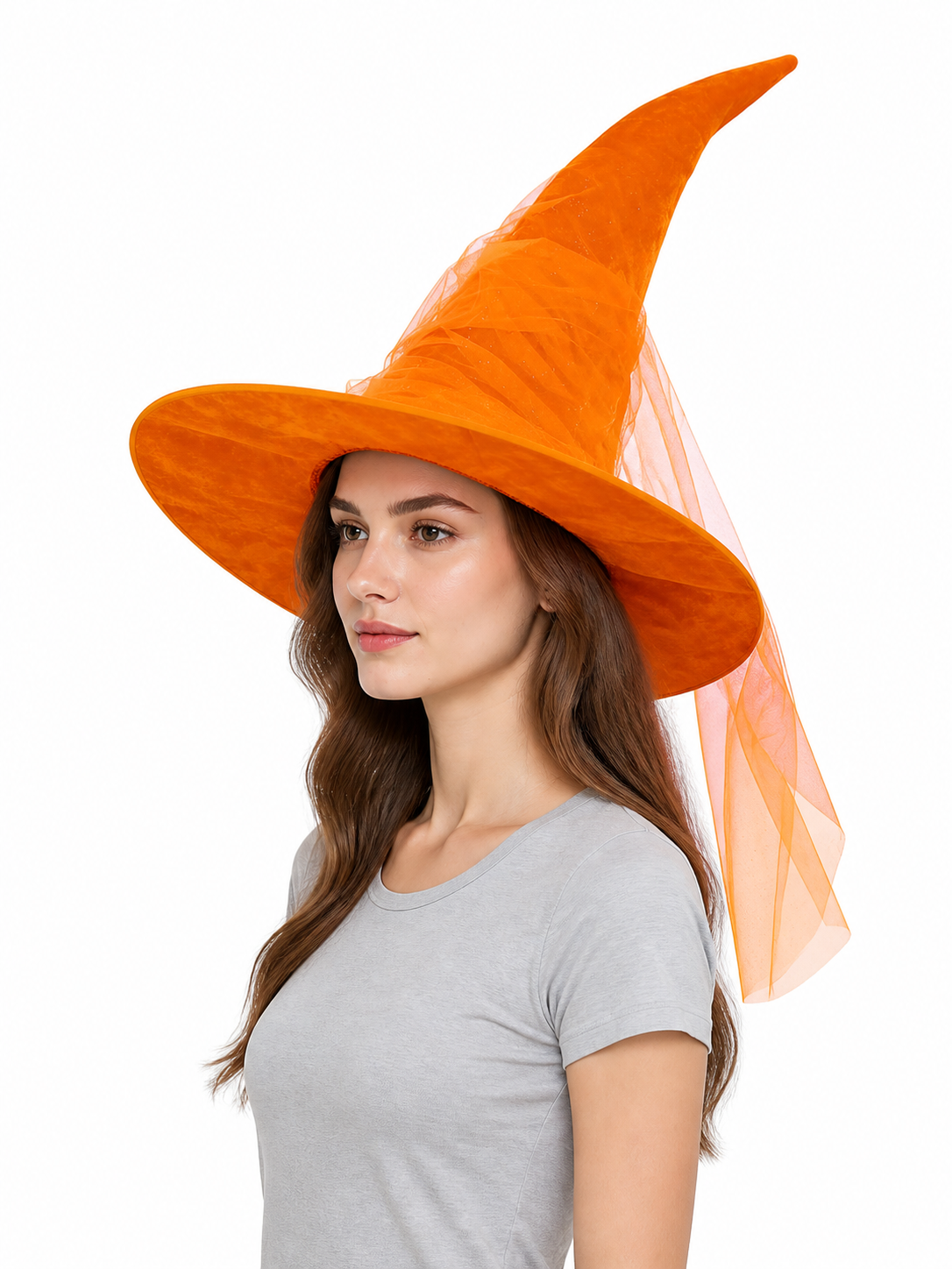 Orange Halloween Witch Hat with Very Tall Curved Pointed Crown, Wide Wavy Brim and Attached Sheer Veil for Costume Parties