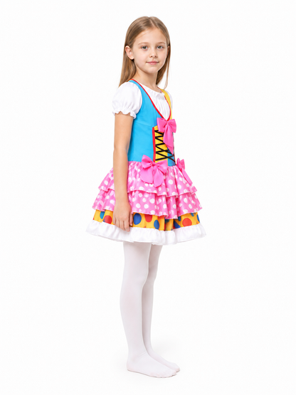 Clown costume dress with ruffles and a bow for parties side view