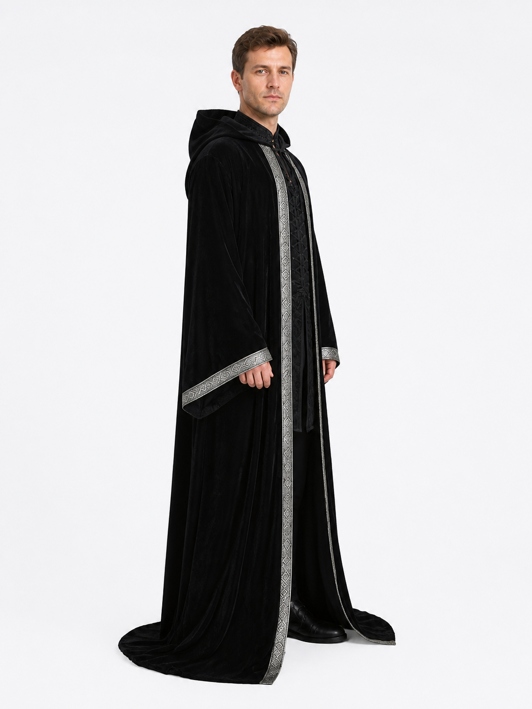 Black Hooded Cloak with Silver Trim, Godfather Death Cosplay side view