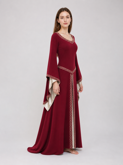 Floor-Length Dress with Long Sleeves and Decorative Trim