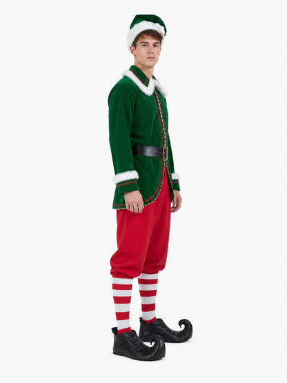 Green and Red Elf Costume with Belt for Performances side view
