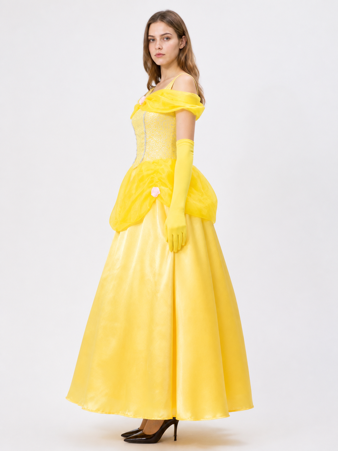 Yellow Ball Gown with Full Skirt and Flowers side view