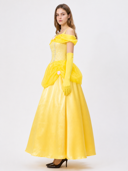 Yellow Ball Gown with Full Skirt and Flowers side view