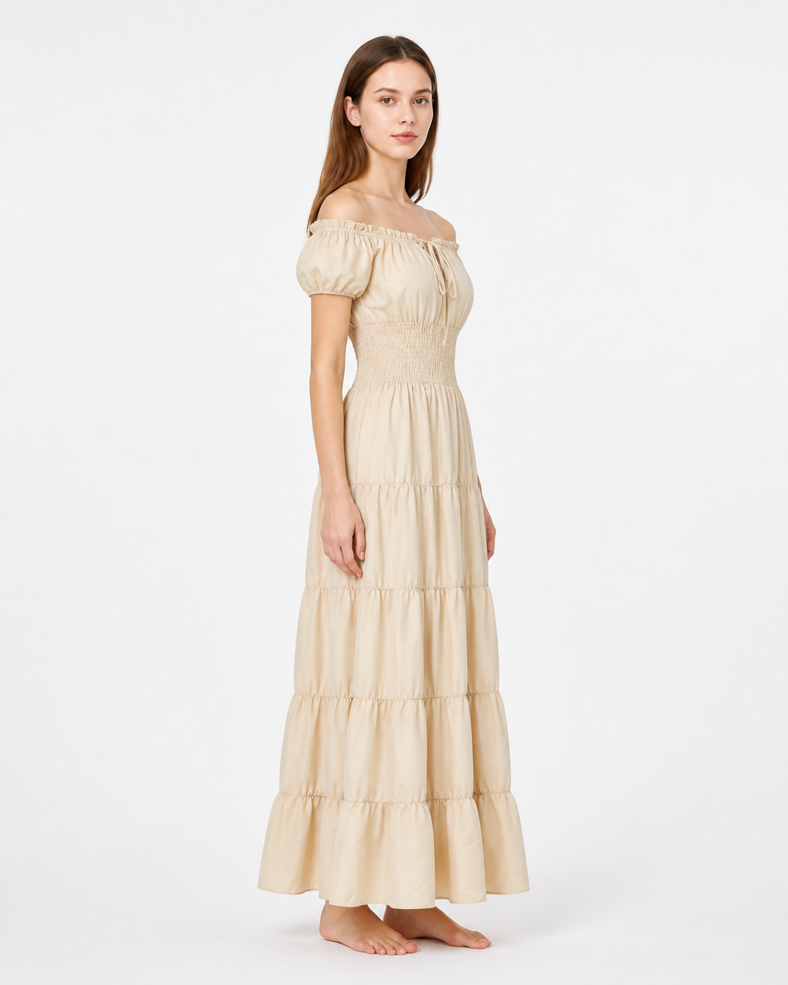 Long Milk-White Dress with Tiered Skirt side view