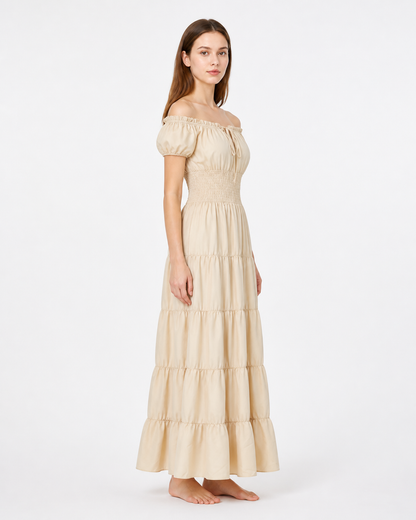 Long Milk-White Dress with Tiered Skirt side view