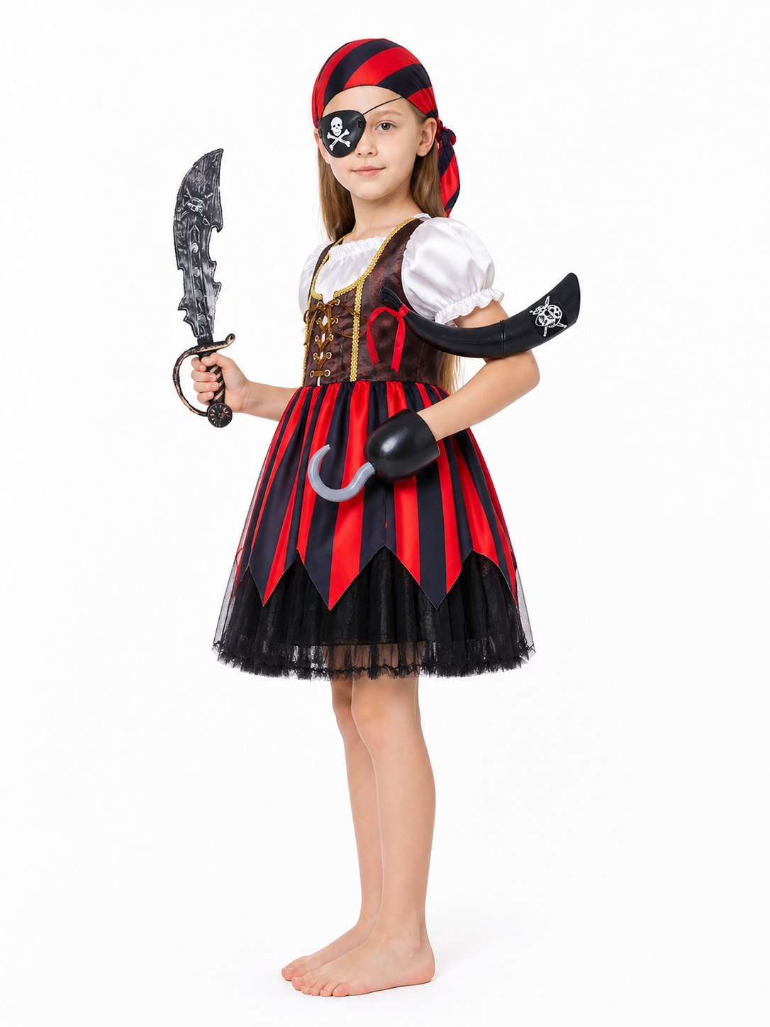 Pirate Costume with Striped Dress and Accessories side view