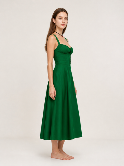 Green dress with thin straps and a square neckline side view