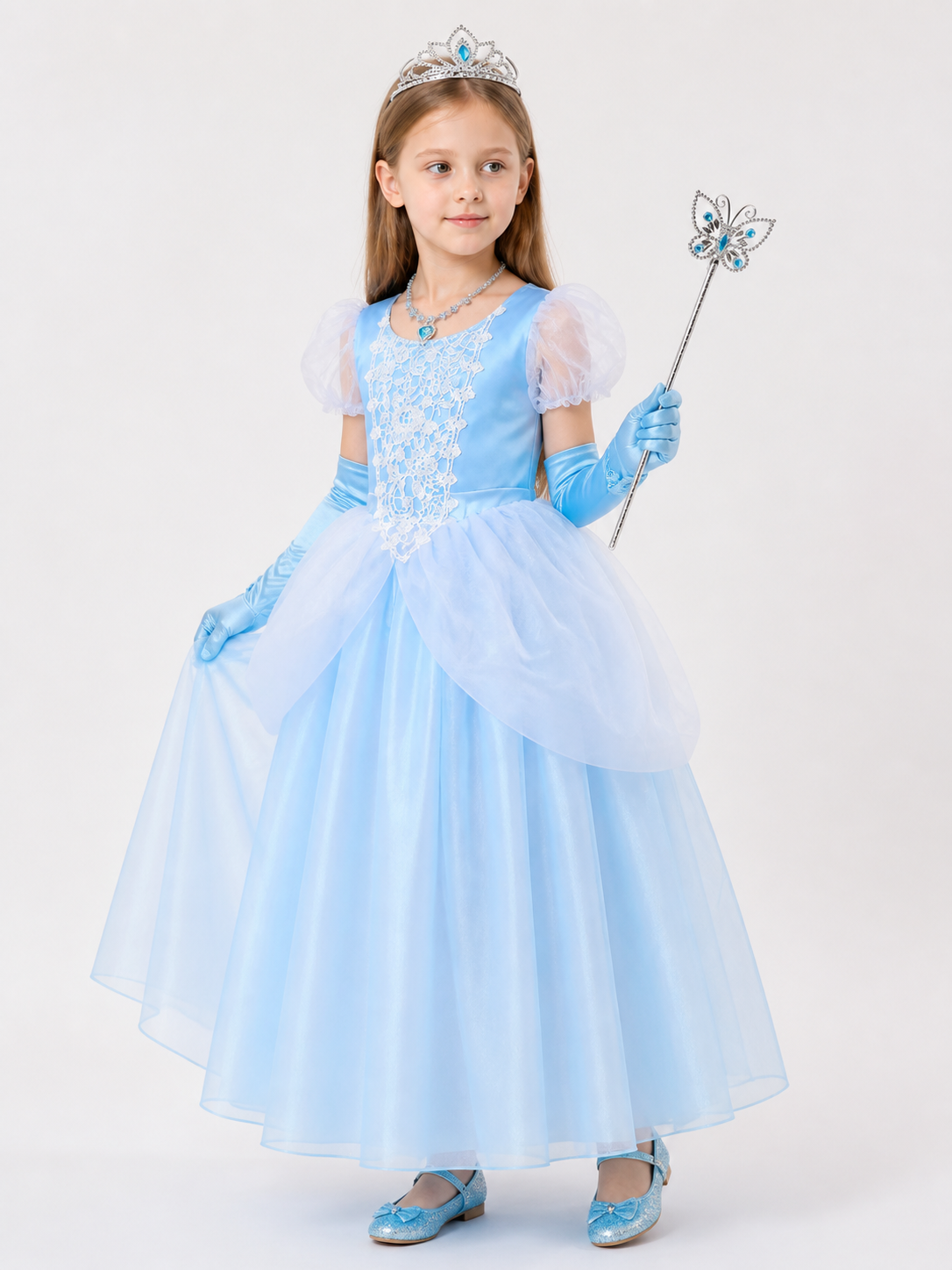 Princess Costume in a Blue Dress for Halloween side view