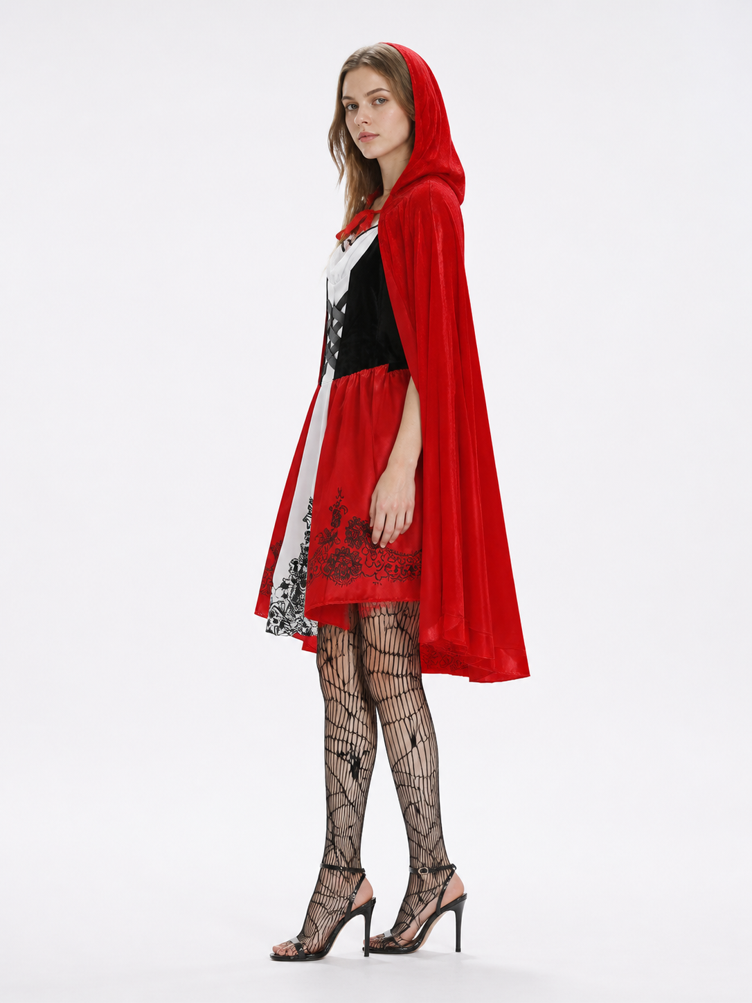 Red Dress with Hooded Cape and Floral Pattern side view
