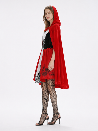 Red Dress with Hooded Cape and Floral Pattern side view