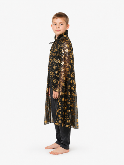 Halloween Cloak with Gold Designs and a High Collar side view