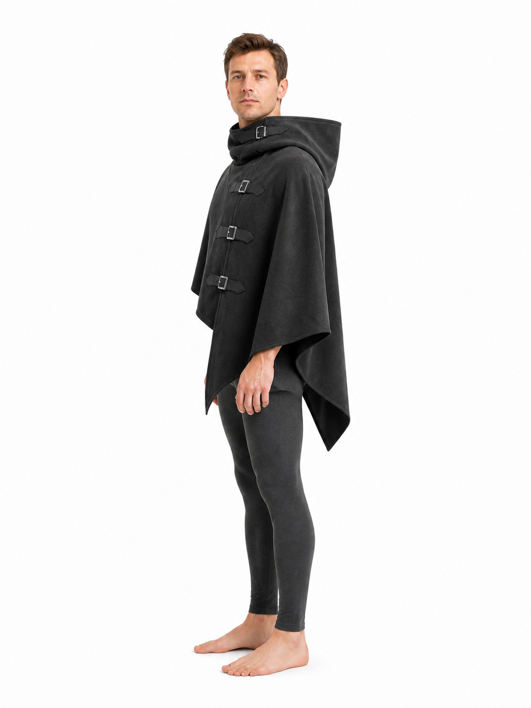 Black Hooded Cape with Buckles for Cosplay side view