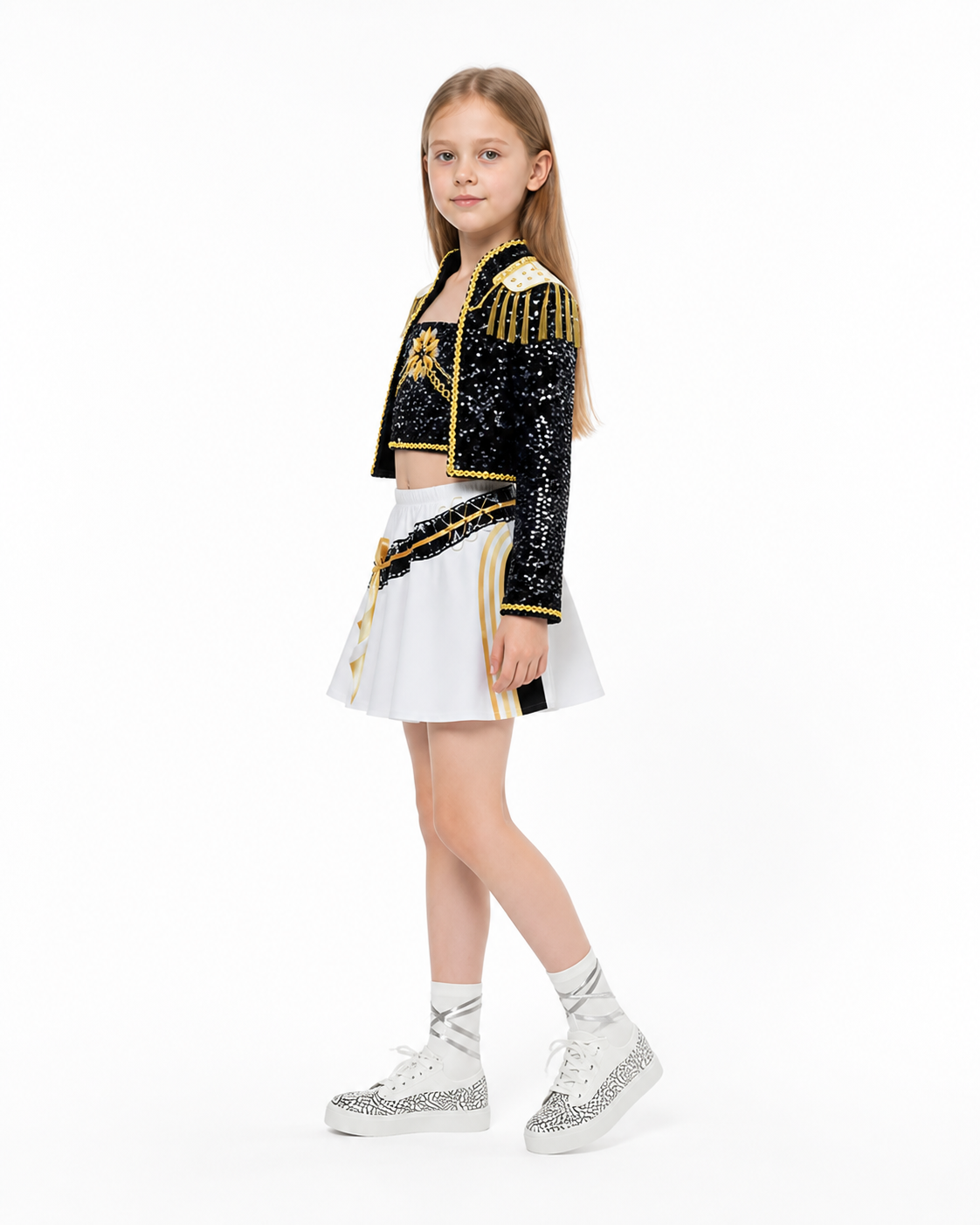 Children's Demon Hunter Costume, Black and Gold, Sequins side view