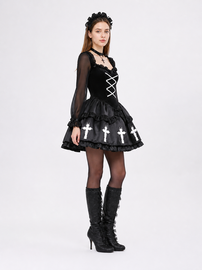Gothic Dress with a White Cross and Layered Skirt side view