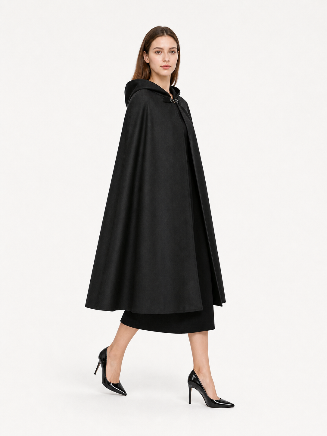 Long black hooded carnival cloak