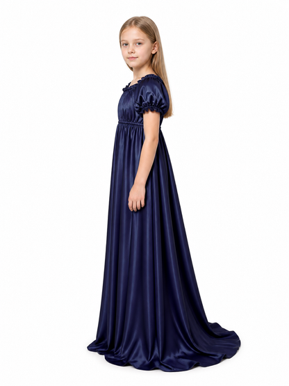Dark Purple Dress with a Train and Puff Sleeves side view