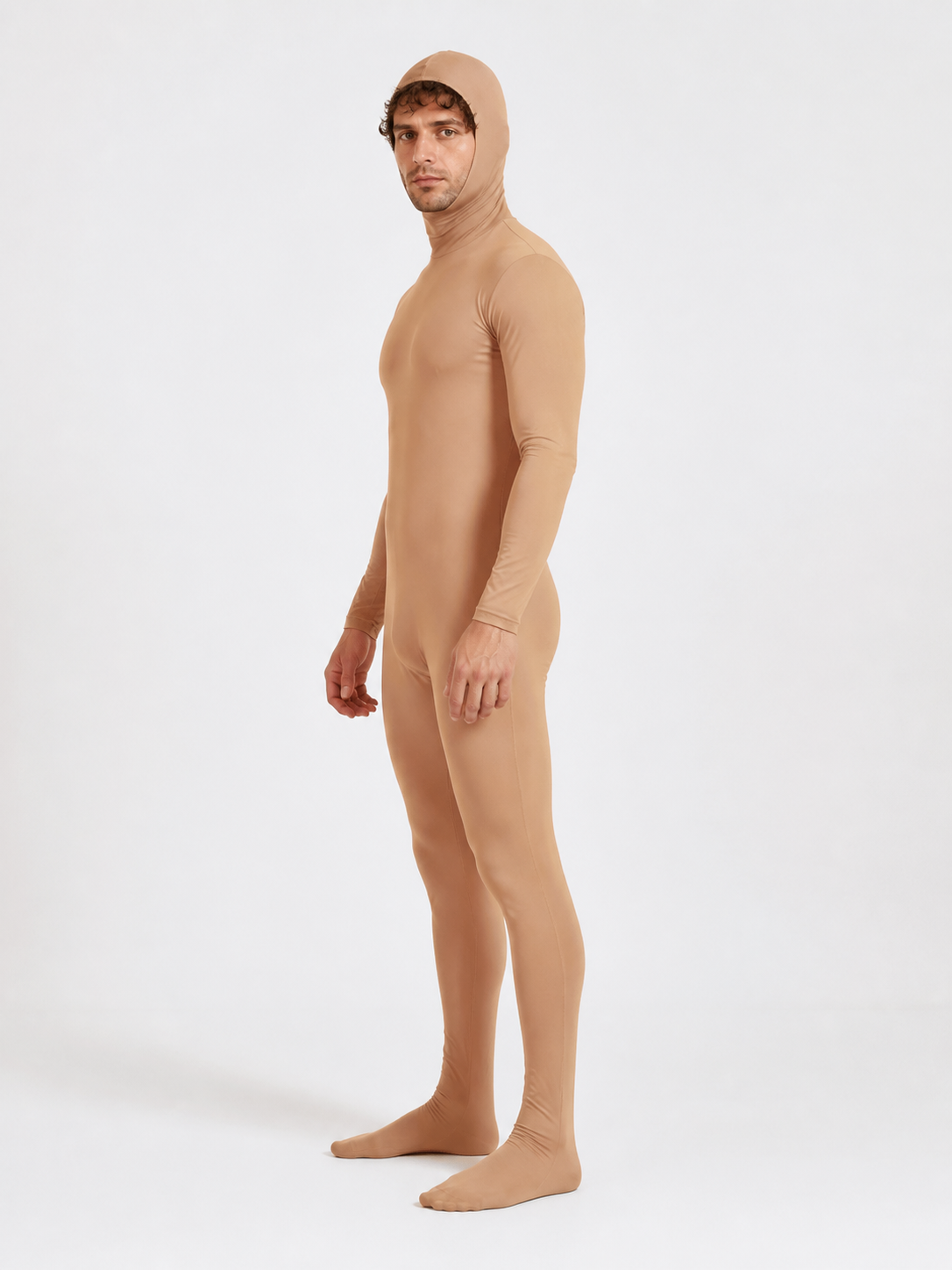 Light Brown Hooded Open-Face Zentai Suit side view