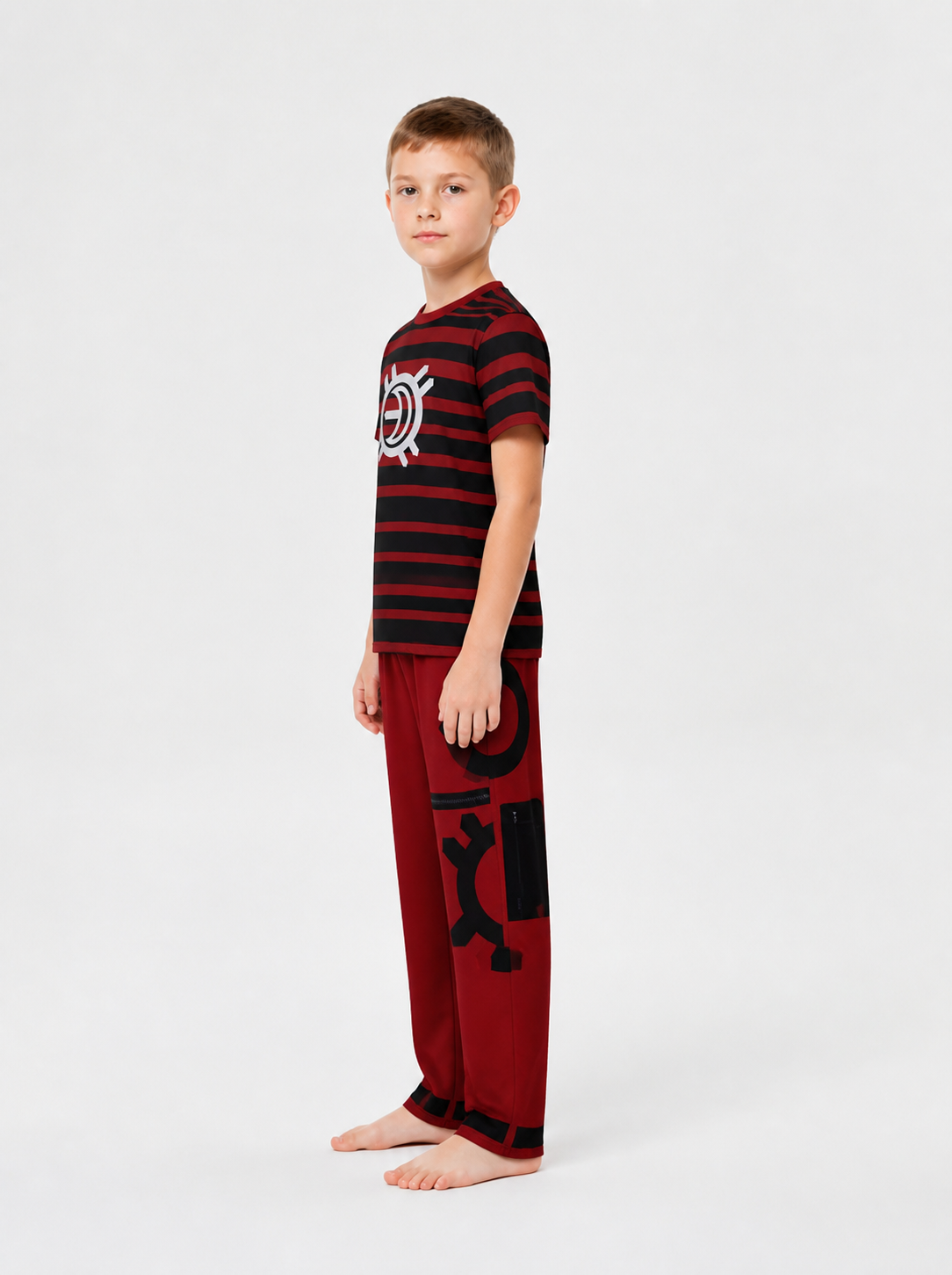 Victor Costume from Zombie High: Red-and-Black T-Shirt and Pants side view