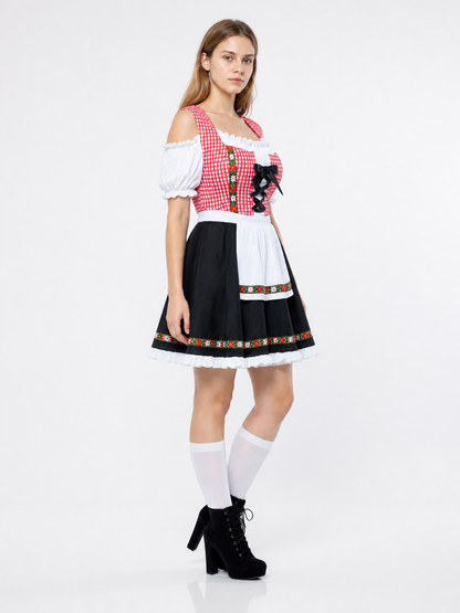Bavarian Costume in Red-and-White Plaid with a Black Skirt side view